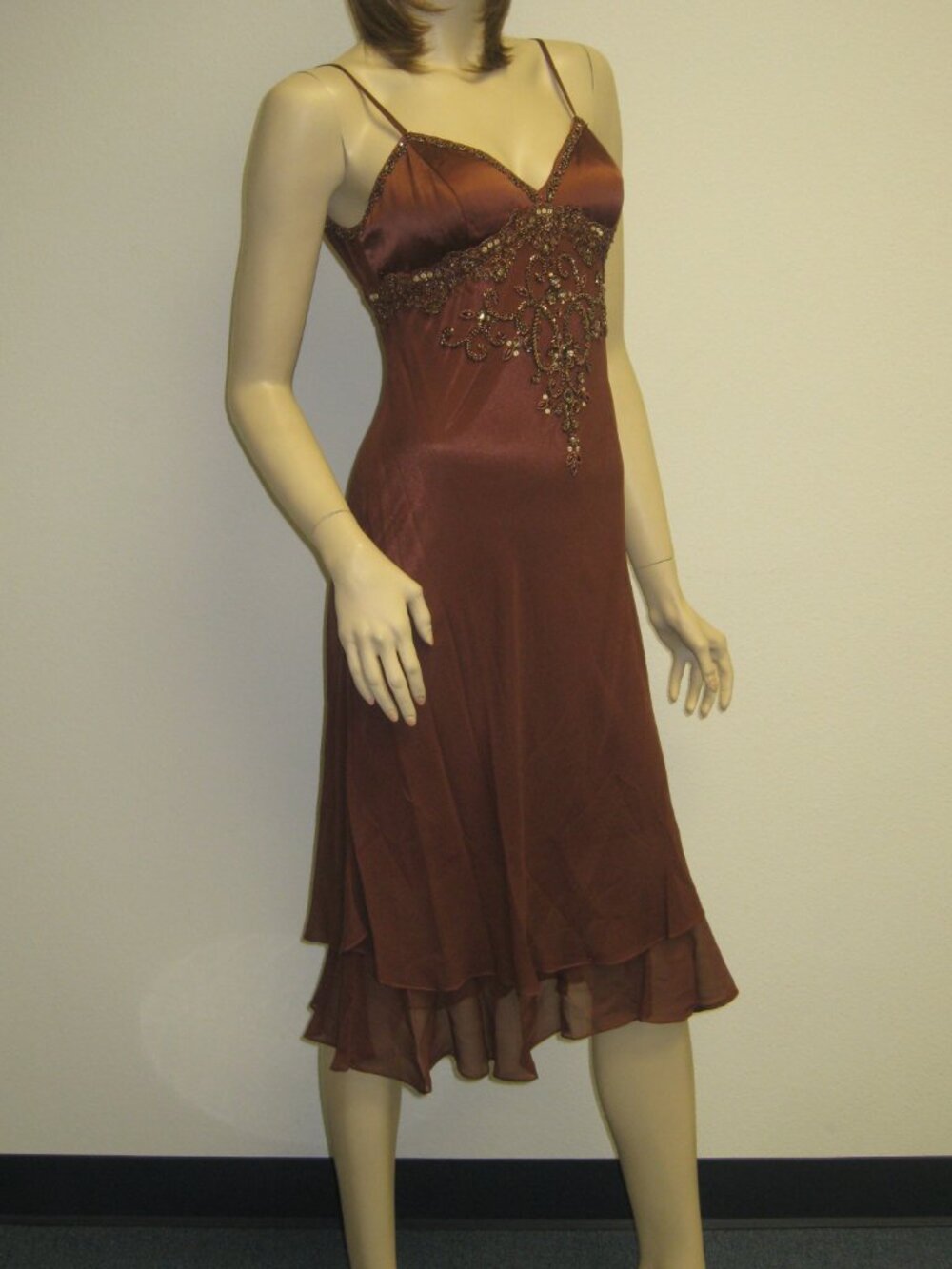 Sue Wong Dress Y2K Sexy Beaded 48 Cocktail Brown Chocolate Midi SILK Copper New - Picture 11 of 16